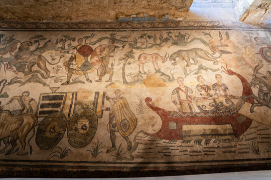 scene of transporting and hunting wild animals, Roman Villa of Casale, Piazza Armerina, Sicily, Italy, Europe