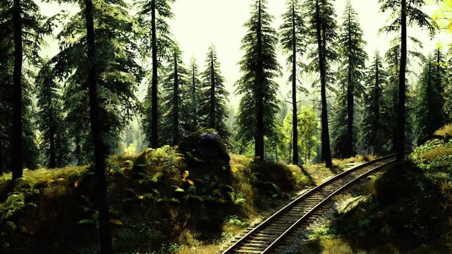 Railroad curving through golden alaskan woods, warm late afternoon glow on rails, aspen and spruce contrast, nostalgic freight line feeling, quiet backcountry