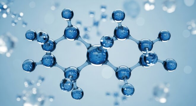 Blue molecular structure with balls and sticks on a light blue background with bokeh effect