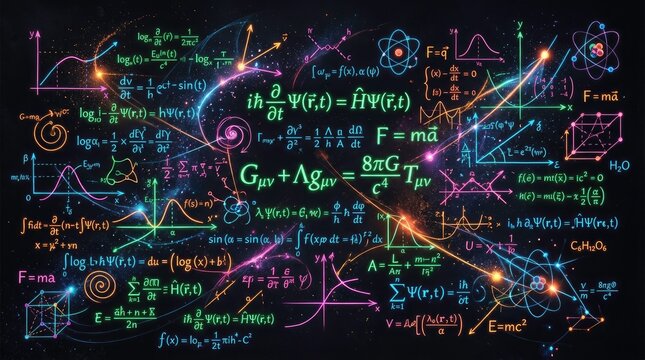 Complex scientific formulas and equations illustration. Science and mathematics conceptual background.