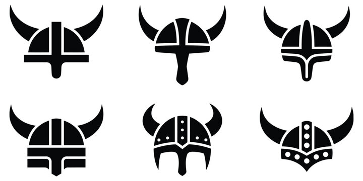 Viking, helmet icon set featuring horned Nordic warrior helmets in minimalist solid vector style, collection for design, branding elements, mythology visuals, and ancient warrior themed graphics.