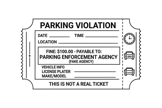 Fake parking violation ticket design template with vehicle details and fine amount example