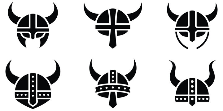 Viking, helmet icon set of horned Nordic warrior helmets, minimalist solid vector collection for fantasy illustration, Norse mythology designs, gaming interfaces, and historical warrior symbolism 