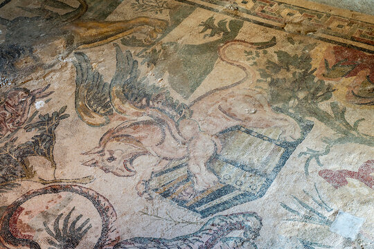 winged mythological griffin, Roman Villa of Casale, Piazza Armerina, Sicily, Italy, Europe