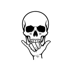 Obraz premium Human skull vector illustration with shaka or hang loose hand sign in minimalist black line style.