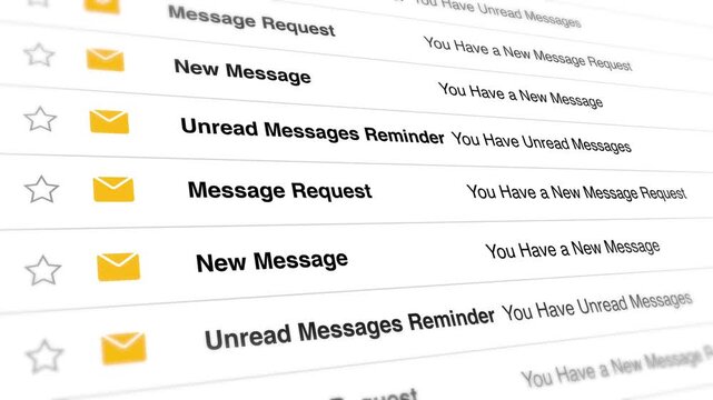 A video shows a closeup view of unread messages and new message requests on a computer screen with yellow icons and black text on a white background.