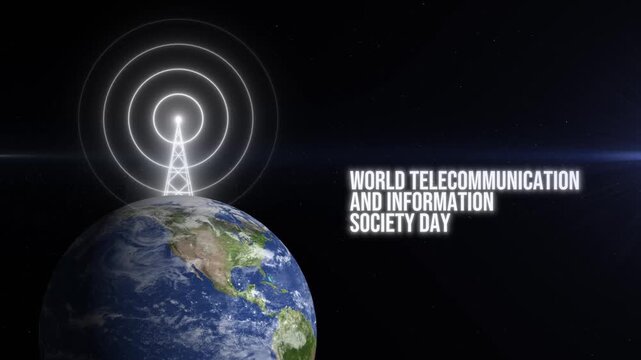 Planet Earth with a telecommunications tower and outgoing radio waves against the backdrop of the starry sky. Concept of the World Telecommunication and Information Society Day. 4K