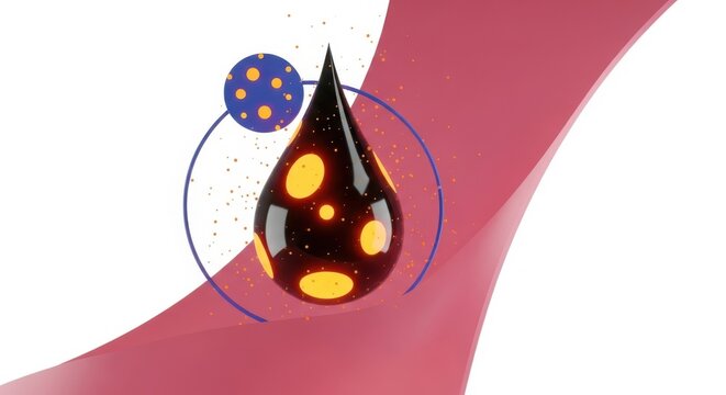 A drop of oil with yellow spots on a pink background with a blue circle and a blue sphere