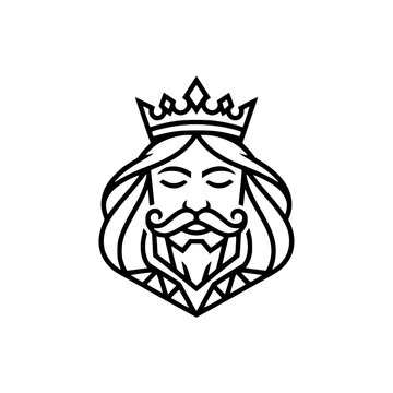 Bearded king face logo with crown bold black line vector style