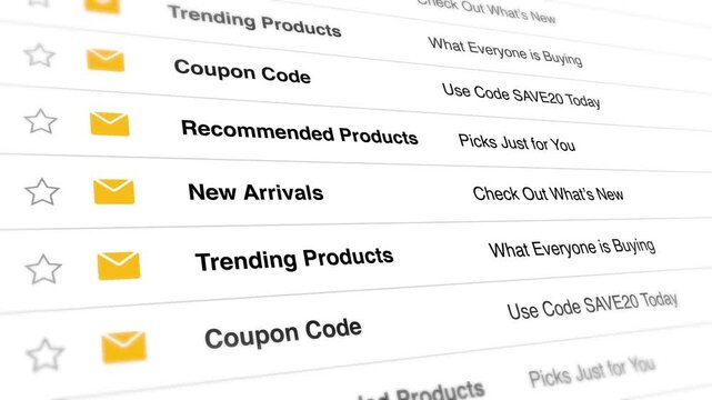 Animated email inbox interface displays promotional marketing messages and new product updates in motion, video