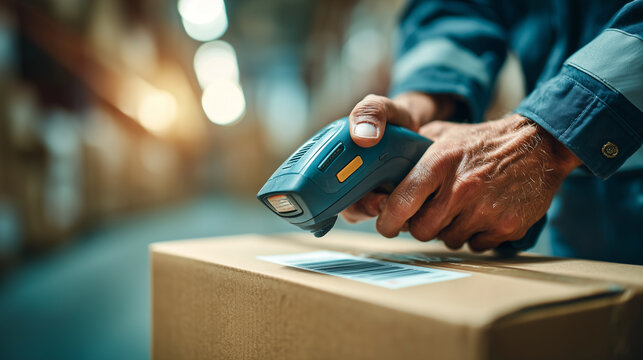 warehouse worker scanning barcode on package with handheld scanner logistics shipping and inventory management concept