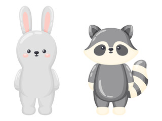 Fototapeta premium Cute Cartoon Bunny and Raccoon Woodland Animals