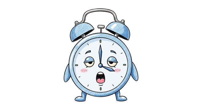 Tired Alarm Clock Character Yawning with Sleepy Eyes and Rosy Cheeks