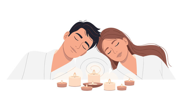 A relaxed couple wearing white robes rests peacefully with their eyes closed behind a row of warm, glowing lit candles in a serene spa setting.