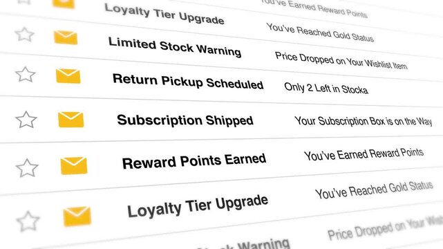 A video shows a blurry screenshot of a computer screen displaying various shipping and subscription updates with notifications and icons