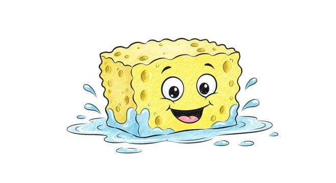 Cute cartoon sponge character smiling in water splashes