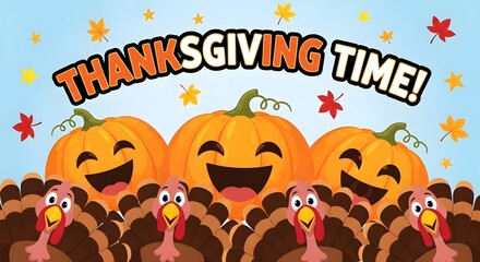Fototapeta premium Thanksgiving time greeting card with happy cartoon turkeys and smiling pumpkins against a light blue sky with falling autumn leaves