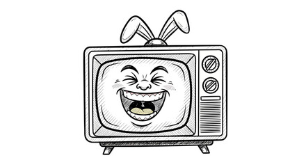 Naklejka premium Funny retro TV with bunny ears, laughing face on screen, cartoon style