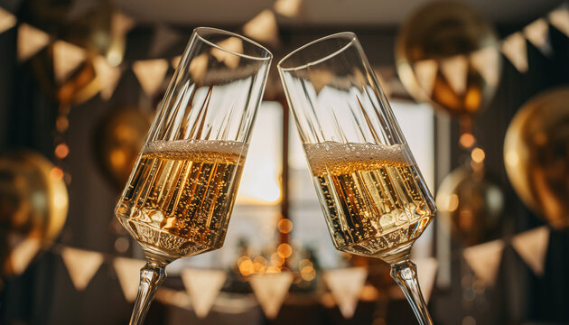 Two champagne glasses clinking together celebrating a special occasion.