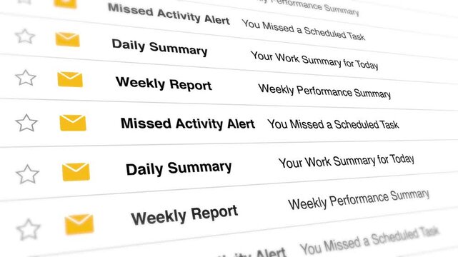 A close-up video shows a computer screen displaying various email notifications including daily summaries and missed activity alerts.