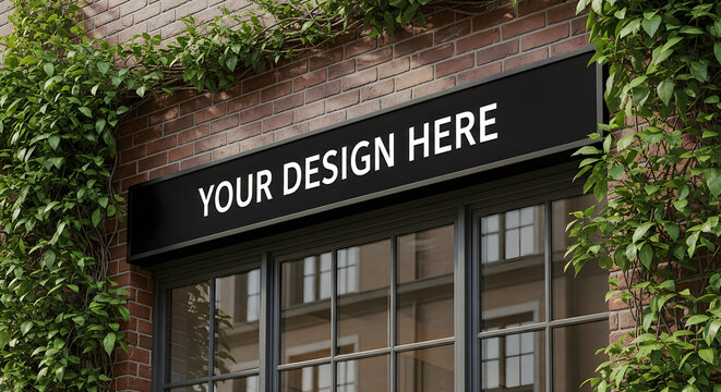 A brick building with a large window and a sign that says your design here