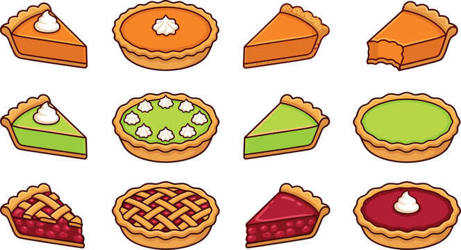 A delicious collection of twelve cartoon pie illustrations featuring pumpkin, key lime, and cherry flavors as whole pies and individual slices isolated on a white background.