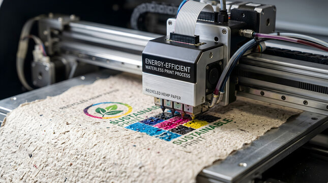 Waterless Print Process: Close-up of a high-tech "Energy-efficient" printer head applying ink to "Recycled Hemp Paper." Detailed texture .