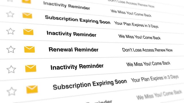 A close-up view of a computer screen displaying a list of email reminders for inactivity and renewal notifications in a blurred office setting