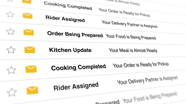 A video shows a close-up shot of a computer screen displaying a list of food order status updates on a digital menu board in a restaurant kitchen