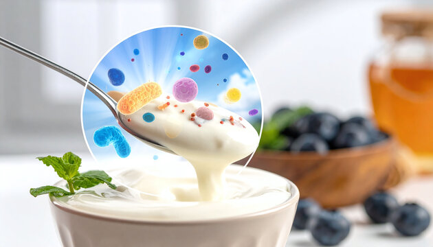 Promote gut health with this creamy yogurt bowl featuring a microscopic view of active probiotics. Ideal for nutrition and wellness content highlighting digestive balance and vitality.