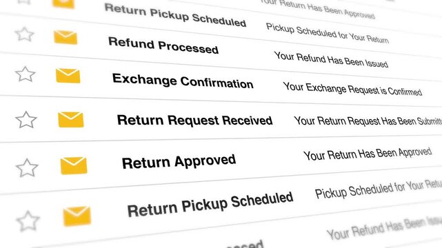A video shows a close-up view of a computer screen displaying an email inbox with various return and refund status updates on a website
