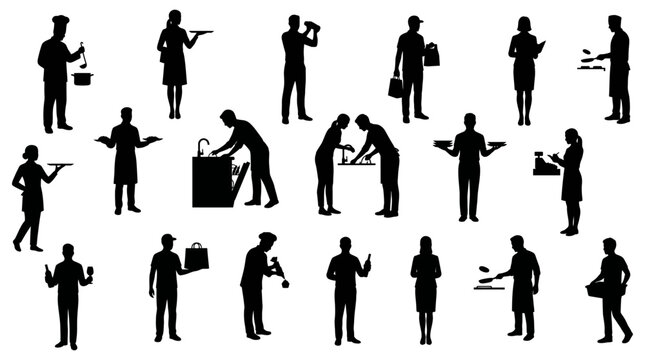 Restaurant and food service silhouettes set | catering staff characters in action poses | professional kitchen workers collection for dining design