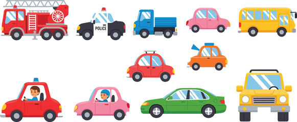 Cute cartoon vector illustration set of various city transportation vehicles including fire truck, police car, school bus, and passenger cars. © Utpal