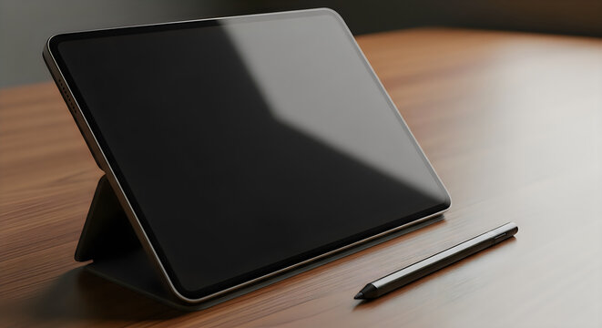 Modern tablet with stylus resting on wooden table in a well-lit room.