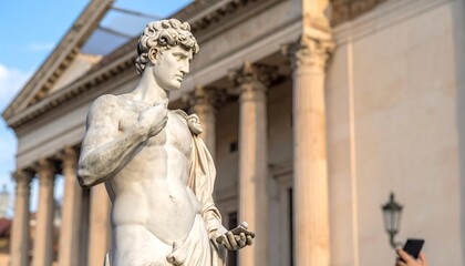 Fototapeta premium Statue of a male figure set against a building with columns in sunlight