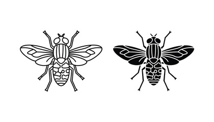 Housefly insect icon set in minimalist black and white line art and solid vector style for pest control and biology educational materials © Mystic