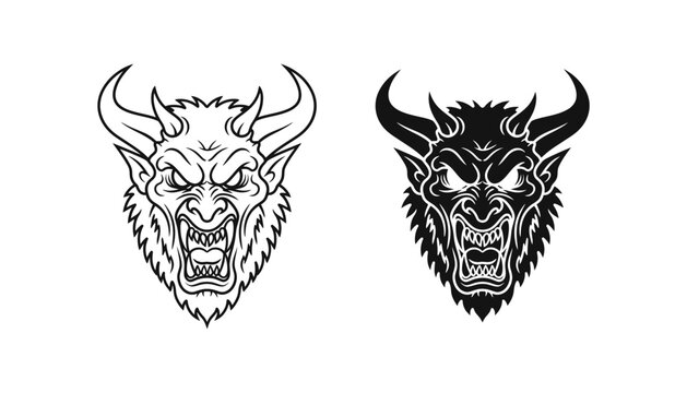 Demonic monster head with horns icon set in minimalist black and white line art and solid vector style for gaming and horror-themed graphics