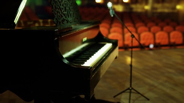 Spotlit grand piano on empty stage, rows of red seats receding into dim theater, music stand and microphone hinting at upcoming concert, warm stage lights