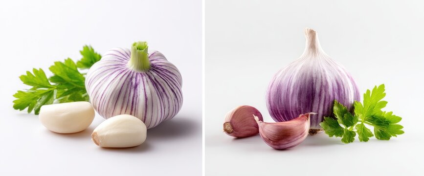 Fresh Garlic Bulbs and Cloves with Parsley Sprigs on a White Background.