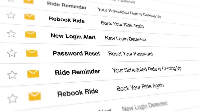 A video shows a close-up view of various notification emails on a computer screen including password reset and ride reminders.