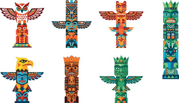 A detailed collection of seven colorful indigenous totem poles featuring traditional animal carvings like eagles, owls, and wolves isolated on a clean white background.