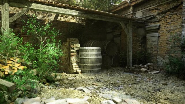 Warm farmyard with barrel and climbing vines at golden light, evocative rural scene of former wine estate, sunlit stonework, scattered rubble and overgrown