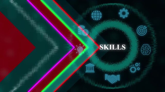 Abstract digital background featuring glowing neon chevron arrows pointing toward a circular interface of business and technology representing