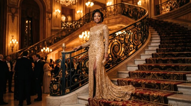 Elegant woman in a sparkling gold gown descends a grand staircase at a formal event