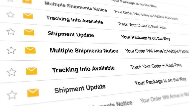 A video shows a close-up view of a computer screen displaying various shipping update notifications and tracking information