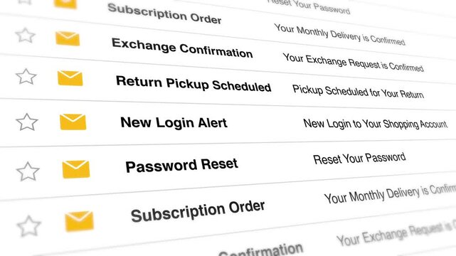 A video shows a close-up view of a computer screen displaying email notifications including password reset and new login alerts in an inbox