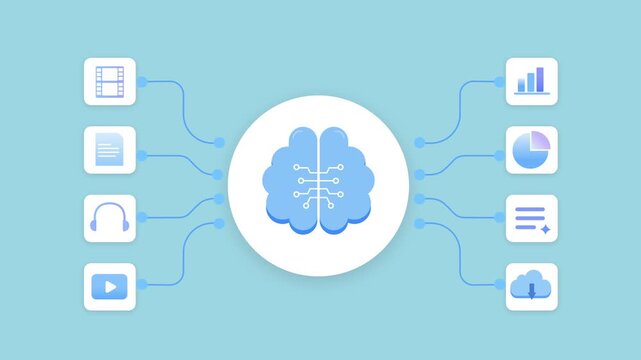 Description:
Clean AI audio data workflow animation video with a central brain connected to sound, file, and media icons, showing data flow, automation, and digital processing in a modern interface.