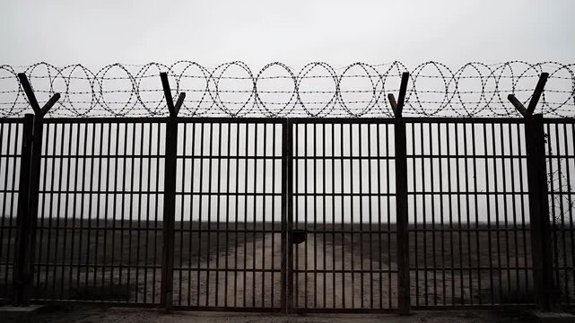 A stark, monochrome image depicts a large metal gate topped with barbed wire, suggesting a boundary or restricted area under a cloudy sky.