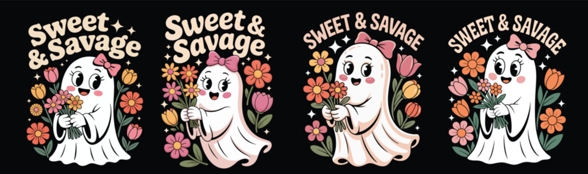 Sweet & Savage cute ghost character set with floral bouquet and retro aesthetic