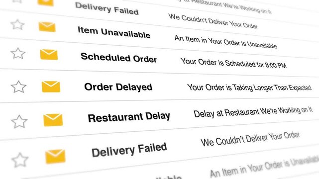 A video shows a close-up of a computer screen displaying various delivery status updates for restaurant orders including Order Delayed and Delivery Failed